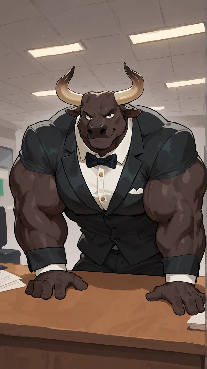 quarter view, close up view, wet, sweating, solo, (ultra detailed), a beautiful and detailed full size portrait of a male bovid, bovine, spanish fighting bull, ((dark gray body, gray skin,18 yearls old)), bedroom eyes, voluptuous, looking at viewer, detailed eyes, big body, curvy_figure, cleavage, voluptuous, sexy body, (wide body). goddess, kenket, Ross Tran,ruan jia, vip, trending on artstation,foxovh, cenematic lighting, full body, ((open shirt, red tie, toeless footwear, buff, muscular anthro, big pecs, serious, big balls, big penis, flaccid, covering, front view)) smile, blush, walking, living room, office, unprofessional behavior