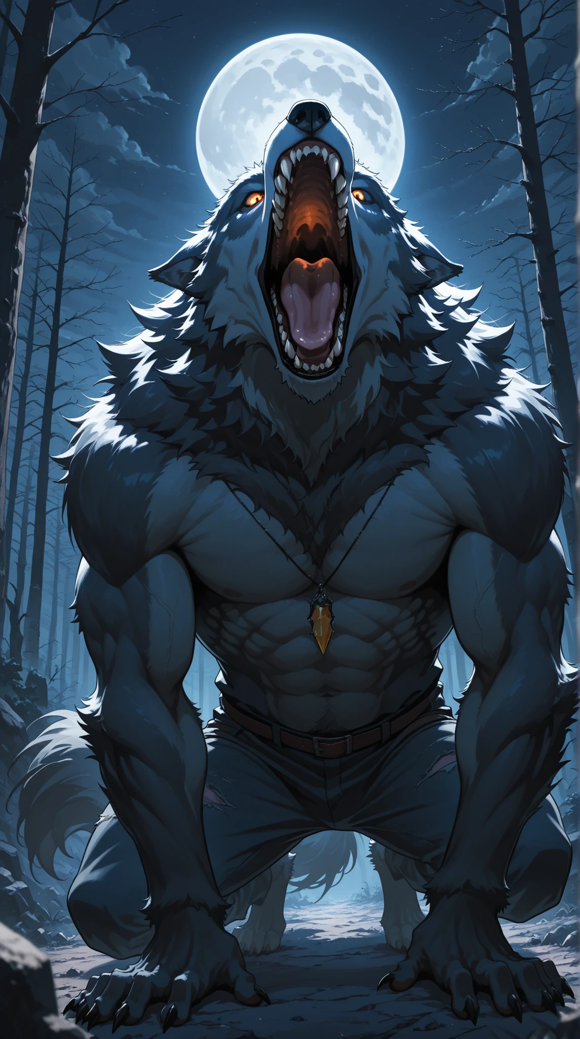 A serious humanoid wolf in a forest, with full gray furred muscular body.