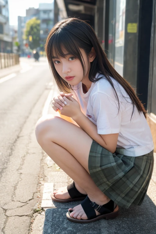 1 Female,((One girl)),((16 years:1)), cowboy_shot,(from_front:1.5),Eye of the worm,squat,自分のfeetを抱きしめる, On the grass,10 generations, Very young,純真なbeautiful少女たち, Idol's face, Delicate girl:1,feet,knees,(elegant_Sandals:1),(Tunic blouse:1.0), (Ruffled tops:1.0), (trainer:1),(cardigan:1),Sleeves are longer than the wrist, overly too long sleeves, (denim_skirt:1.3),at the park,(knees_Away:0.8),(white_elegant_pantiess are visible:1.3),(seamless_pantiess:1.3),正面from:1), (race_embroidery_panties:0.8), masterpiece, Highest quality, 8K,(beautiful_skin:1),Detailed face,Smooth bristles, Glowing black eyes,Sparkling eyes,Childish,RAW Photos, Professional Lighting, Film Grain, chromatic aberration,Expressionless, (Small eyes and face:1.0), (Bokeh:1.1),School Bags
