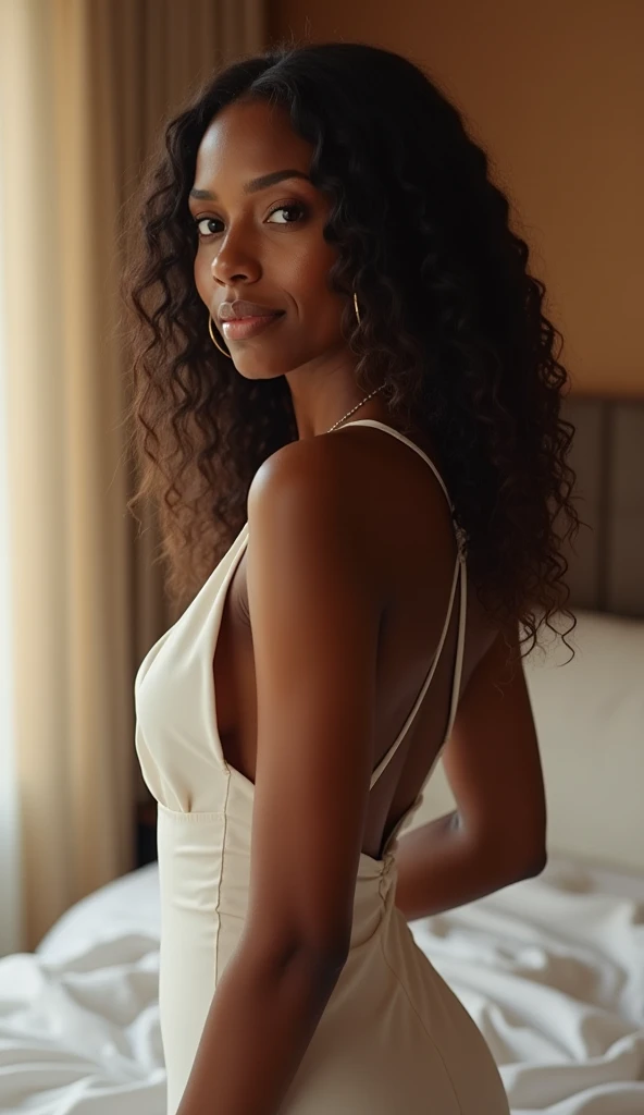 ((Dark African skin, Very deep ebony skin)), ((Its beauty is undeniable)), ((Excited cute face)), ((Hyper detailed perfect eyes,)), ((Language output)), ((Seductive)), sexy, ((tight yoga rompers)), ((Afro ponytail with long African curly hair,)), ((skin)), ((laying, on top of bed, full body, front view)), ((touching her own booty in a sexy pose)), ((hotel, laying on top of bed)), Sharp Focus CGI, photorealistic, High detail, Realistic, Masterpiece, absurd, Best quality, Hdr, High quality, high-definition, Extremely detailed, 8k wallpaper, Intricate details, 8K UHD, Full-HD, (photo realist:1.2), contrast, intense illumination, lighting cinematic, natural lighting, morning light, winter, Illumination globale, Laughing out loud, African women, Female sexy, The Hague