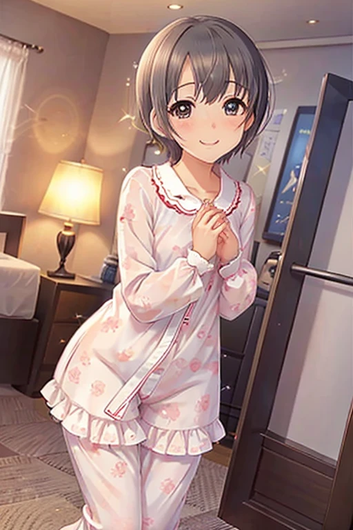 (Top quality illustrations:1.2), (pretty girl:1.1), (1 girl、17 years old、Top quality illustrations:1.2), (1 girl、smile、Small breasts、Highly detailed eyes:1.2)、Brown Hair、short hair、Wavy Hair、Curly Hair、Low Twintails、(Plain pajamas、Short sleeve、open shirt, Good, Shorts) 、Cowboy Shot、Morning bedroom、On the bed