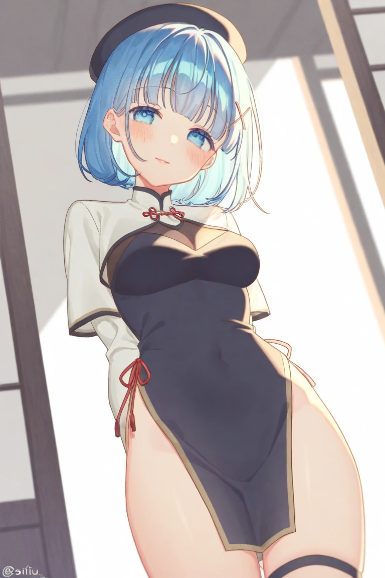 masterpiece,Top image quality,hight resolution,imagem 4k,Raw photo,Photorealsitic,{Solo},teens girl,silber hair,Bery short hair,stare at each other,Blue eyes,小柄,Silver fox ears,Fox tail,on the beds,Ao Dai,,boyish,small tits,tits out,