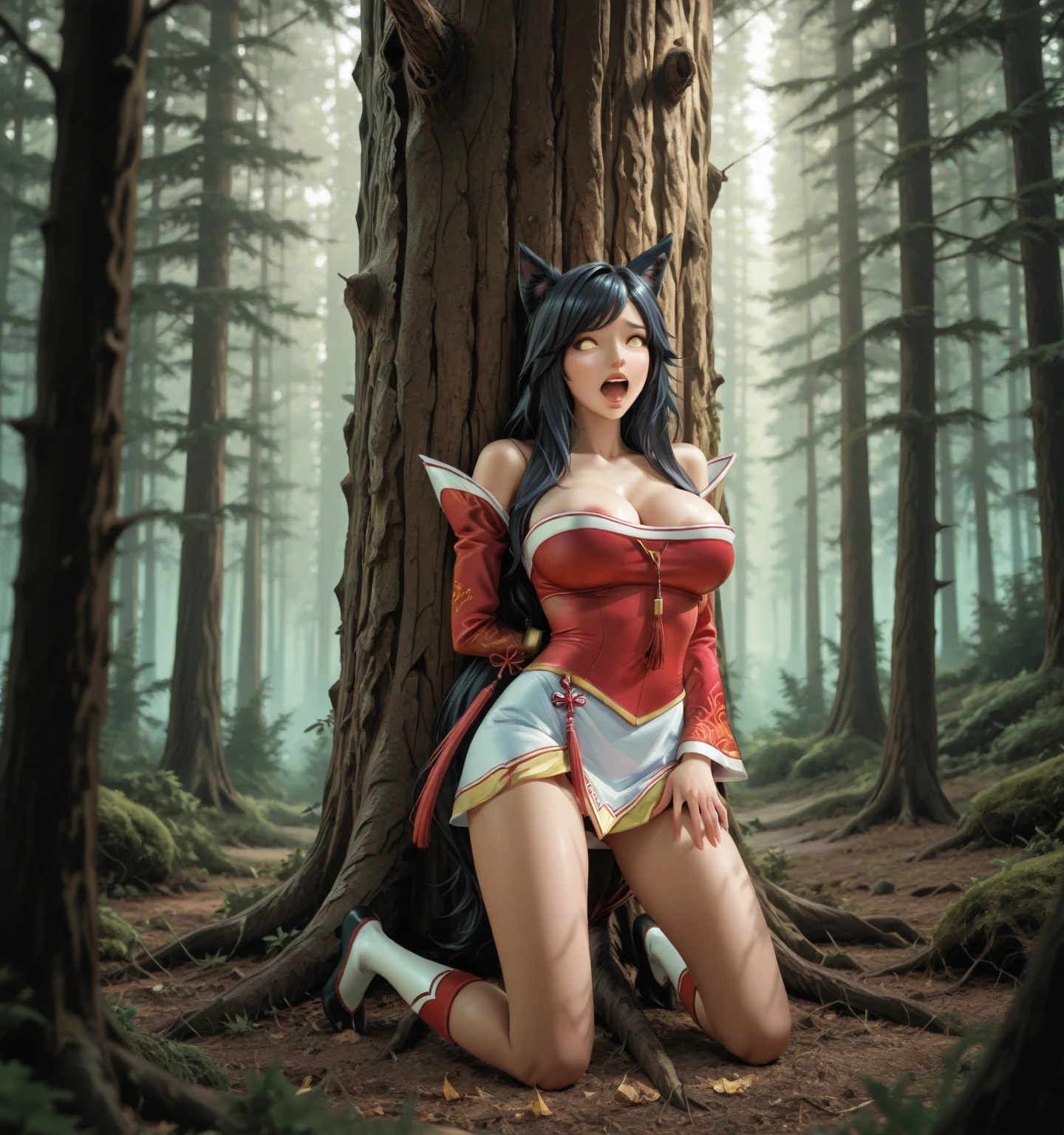 "Korean model with big, perky breasts dressed sexy as Red Riding Hood in the forest."