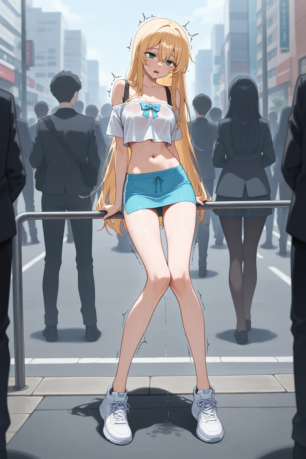 A young woman with long blonde hair, a beautiful figure, a pretty face, and a clear bra walks in the city amidst people.