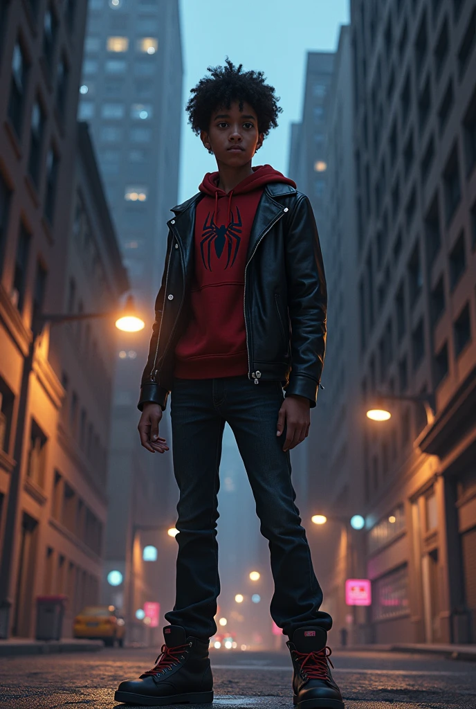arafed man in a leather jacket and pants standing in front of a wall, futuristic style spiderman, movie poster character, hero pose colorful city lighting, style of marvel, inspired by Rudy Siswanto, wearing cyberpunk 2 0 7 7 jacket, inspired by Adrian Zingg, marvel style, mohamed chahin style, miles morales, miles morales!!!, wojtek fus, a teen wearing a black surgical mask and a black cap with "GIRI" written on it