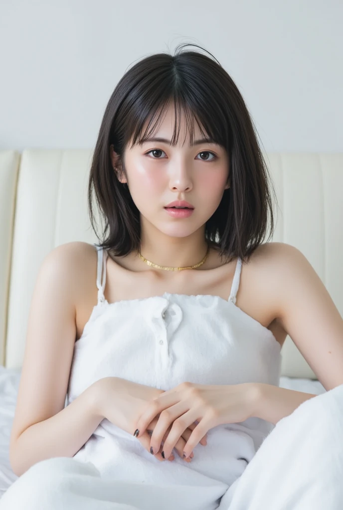 High resolution、超High resolution、photograph、Japanese女性、Looking into the distance、cute、Age 25、Random Hairstyles、Side view angle、Highly detailed skin、Rough skin、Detailed chest、Japanese、Leaning forward、Place your hands on the floor、Medium Chest、valley、The bra is slightly visible、Random Color Bra、From between the clothes、T-Shirts、白いT-Shirts、おしゃれなT-Shirts、bed、Bedroom