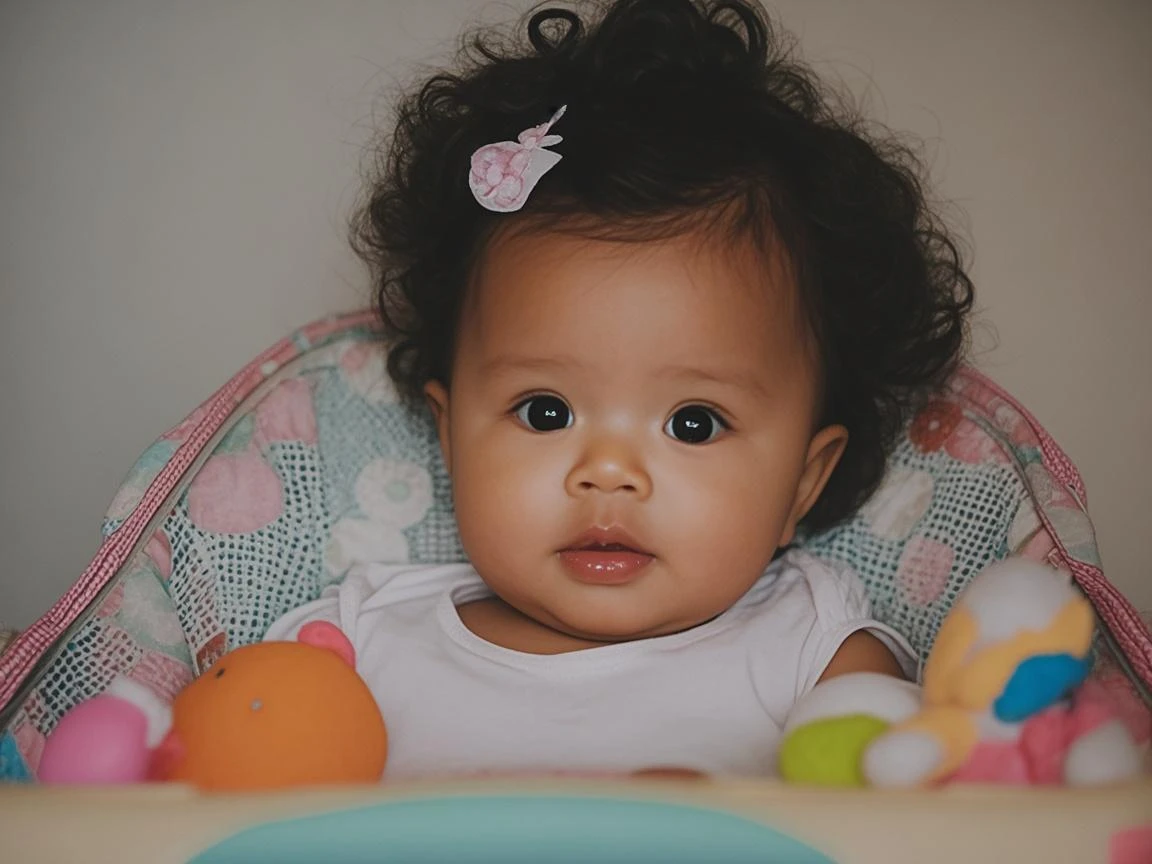 There's a baby with a yellow flower headband in, bochechas rosadas, Menina africana de pele clara, photo shoot, com afro, mid portrait, foto de retrato, menina bonita, Photo Session, Menina afro-americana, Serious expression, lindo bonito, imagem retrato, foto de retrato em close-up, close up foto de retrato, foto retrato, head shoot, intense expression, beautiful face!