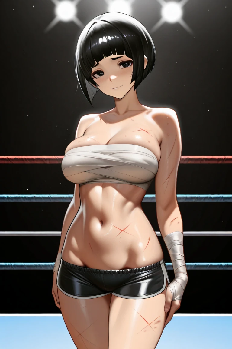 (highest quality,masterpiece,High resolution,muscular:1.49,black hair,bob cut、Short back hair、Lateral hair is short、shiny body、sweating、solo,A very stupid smile、Completely nakedの女性),(((Standing in a boxing stance)))、(((Completely pure white background))),(((Completely naked)))、(((see the whole body)))、(((wearing gloves)))、(((There is nothing in the background)))
