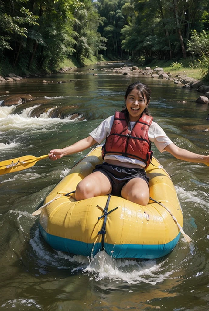 1girl , White-water rafting through challenging rapids , 30 years old、Look at the viewer、smile、 lolita、random colors seductive outfit、Just sexy, biggest breast, cleavage, full body pose,