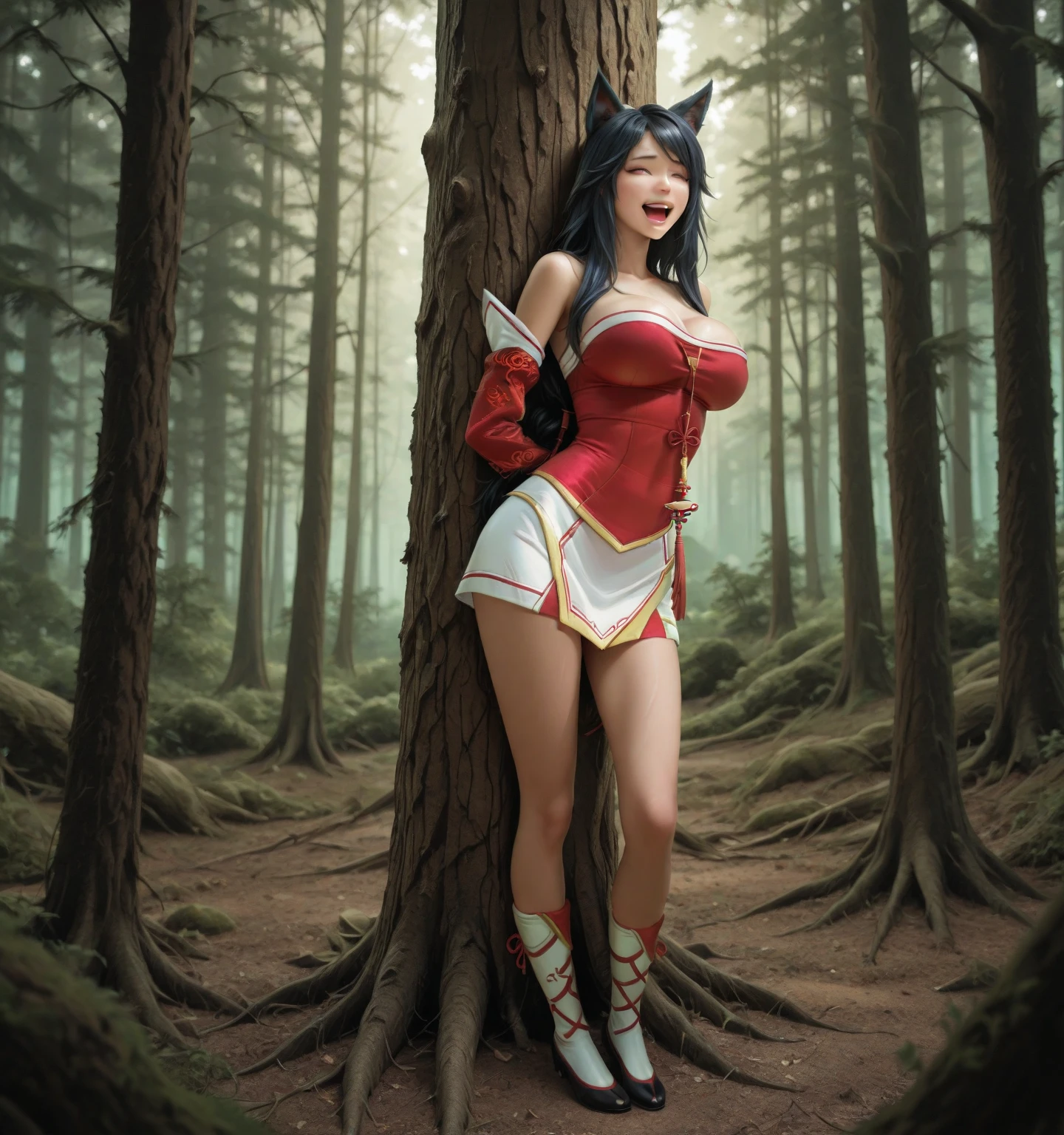 Modella koreana tette grosse grandi capezzoli ritti vestita sexy da cappuccetto Rosso nel bosco