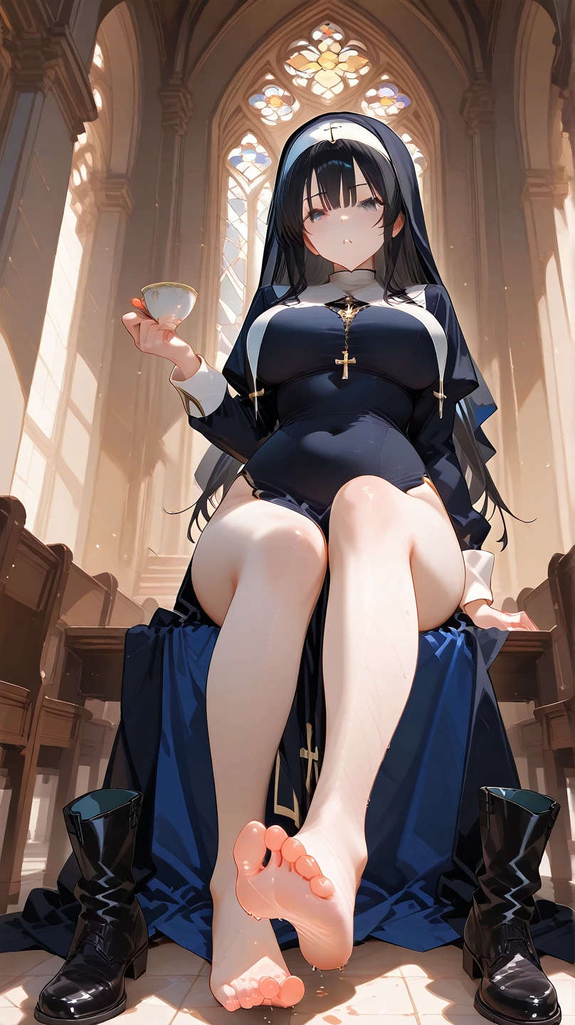 Light blue hair, long hair, yellow eyes, tight nun dress, in church, sitting, legs, massive boobs, massive ass