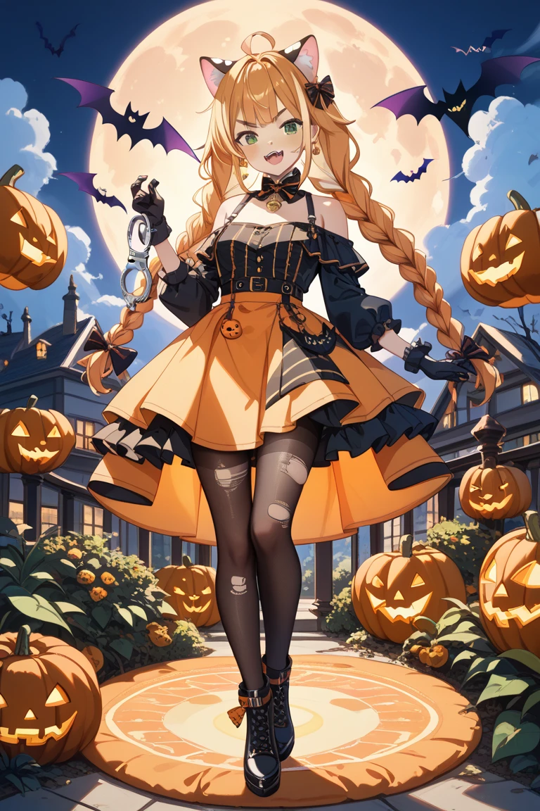 ((Highly accurate drawing in every detail)Extremely precise depiction)[High resolution],(detailed illustrations,Very detailed and precise drawing,Delicate drawn lines with tempo,Realistic texture expression),[color traced main line],[[Skull Moon] Midnight Graveyard [[ghosting]]],[HENTAI] kawaii ((anime) Girl (Pretty) 13 years old [SKINNY [morbid]]) (Light orange hair [Trimmed bangs]) ((Magical girl) pumpkins [Jack Lantern]),([the bats] headdress) (Torn and holed Cape dress shirt (race (frills) ribbon)] (suspenders)[Black culotte skirt] [over knee socks [stripe]] [race生地:0.8])[[Eyeball Accessories]][[Splicing][seam] [Eye patches, bandages, adhesive plasters]],transparency [Soft ambient light] gravure [[Halloween]][Colorful],(intricate and beautiful decoration [Dense detail]),(Fine and beautiful skin expression [transparency]),Precisely drawn eyes[完璧な目のdetailed(Iris drawn in minute detail)(Beautiful eyes like jewels)],[eyes light[Pinpoint lighting for the eyes]],[long and beautiful eyelashes],[precisely drawn hair [美しく艷やかな髪のdetailed]],(完璧な手のdetailed [Beautiful fingers with no damage [beautiful nails]]),(perfect anatomy(perfectly balanced proportions))[[full body portrait]],[ideal color coordination(Accurate simulation of light and material interactions)],([Precision Detail](detailed,High definition)),[[Pale and gentle colors]][Visual art that tells a story] [[Eros in the Natural Body]].