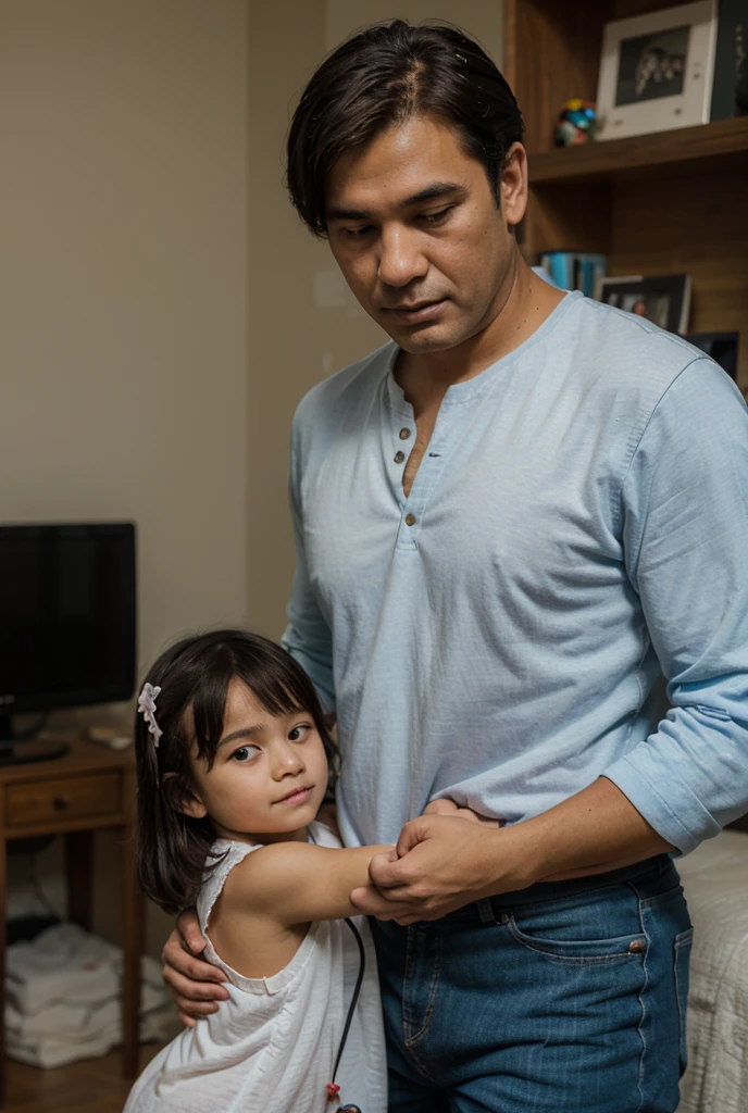 An 8-year-old daughter wearing a pink nightgown is held in the lap of her 30-year-old father.....//father puts his hand on his chest