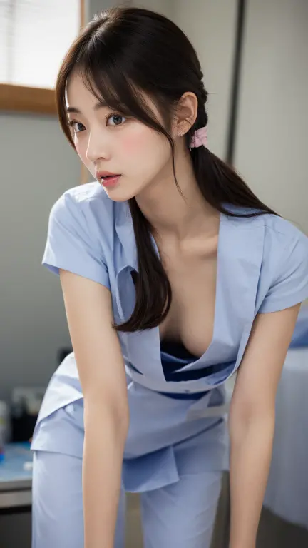 (highest quality、masterpiece:1.2)、super detailed、(photo-realistic:1.4)、Japanese、cute、25 years old、Angle of view from the side、Looking out of the camera、random hairstyle、random facial expressions、large nurse uniform、downblouse, light_particle、bright hospital、(leaning forward:1.5)、valley、A little bra is visible