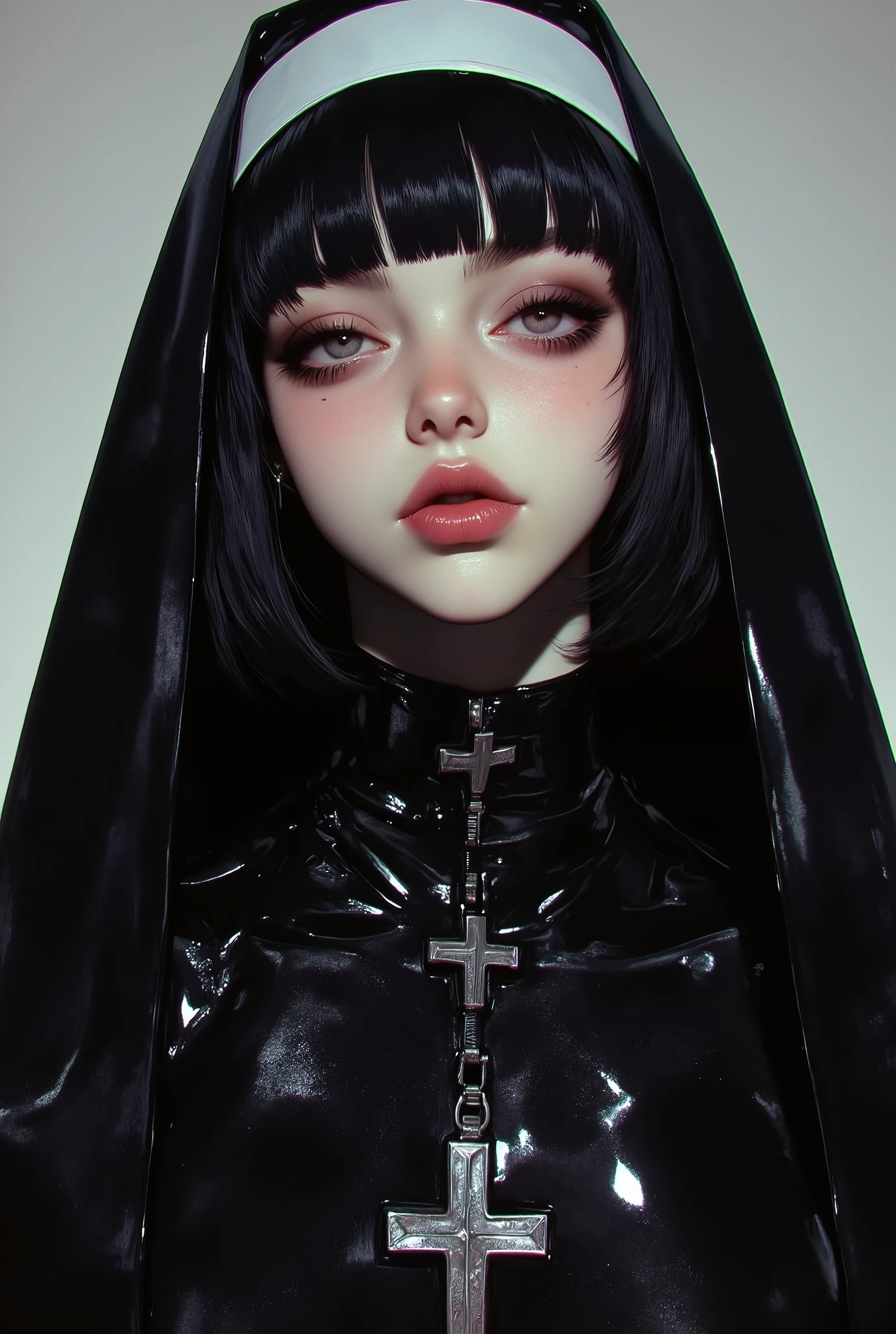 (1 girl, black french bob haircut, ,,, nun outfit, oily skin, blush,wet skin, Jenny Kim , black lips, décolleté, big breasts