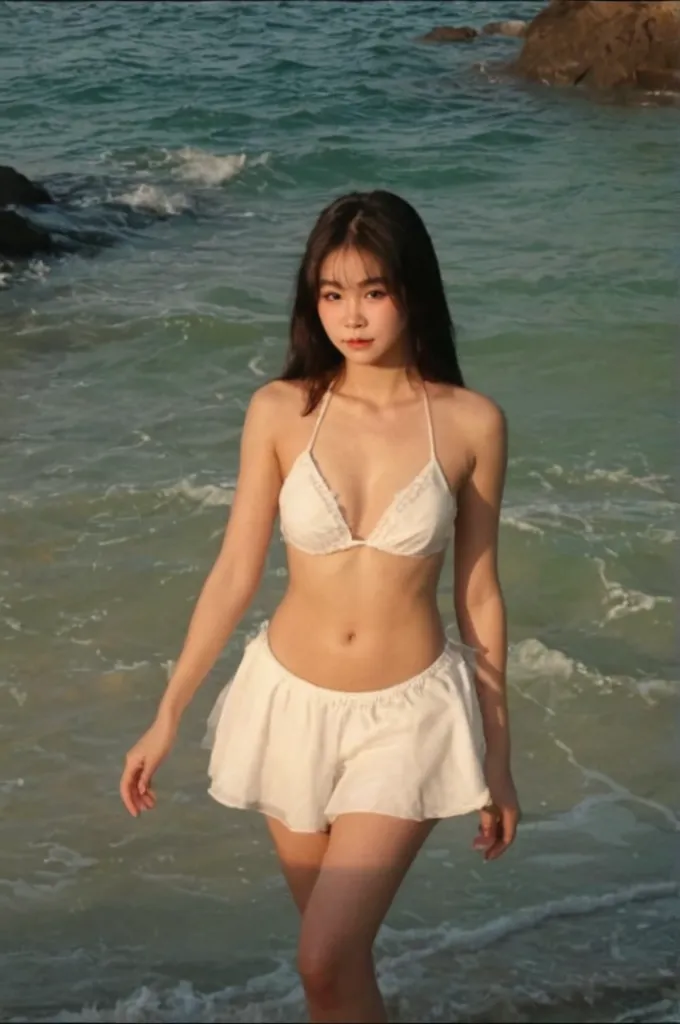 1girl, off shoulder crop top, g-string, beach, bend over pose, slim legs, ultrasharp, transparent, see trough