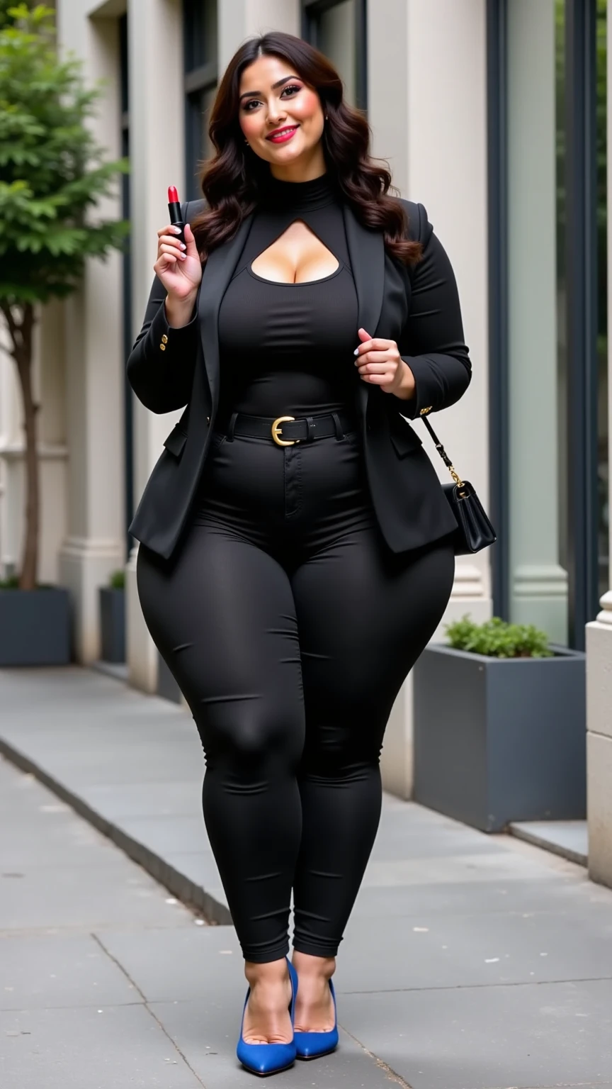 creates a woman 1 meter tall.60 who measures 75 cm waist and 105 cm hips who has glasses, black hair and tight clothing