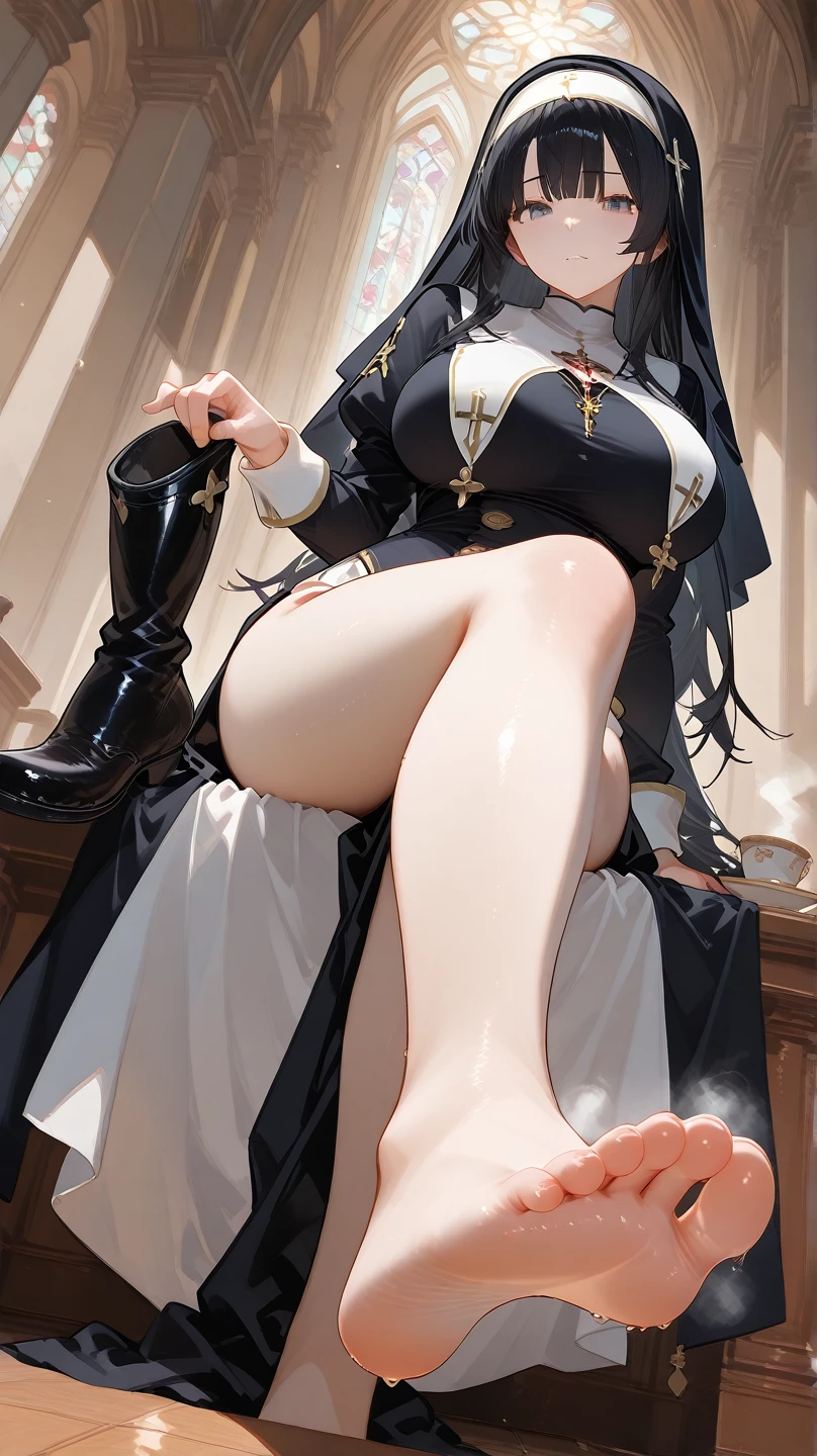 1 Girl,Kagura Mia ,white hair,Heterochromia,Half closed eyes,(Giddenmei 1.5),short sleeve dress,Shawl coat,military uniform,Puff sleeves,Cloth bag,Gloves,White pantyhose,double braid hair,2legs,nuclear_9, snuclear_8_up, snuclear_7_up, snuclear_6_up, snuclear_5_up, snuclear_4_up, smoke, Foot focus, foot, foot perfect foot, perfect foot, best foot, stinky foot, Sexy pose looking at the audience, Solitary, foot操, permanent, View, foot, From below, Foot focus,trampling,Step on the screen