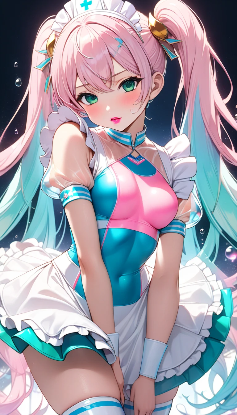 Super Idol a beauty girl A charming smile Pink and light blue hair length hair Twin-tailed Glowing bright pink and white sparkling sexy leotard outfit Fantasia constellation a moon Crystal Brilliance Aurora Borealis in the Night Sky