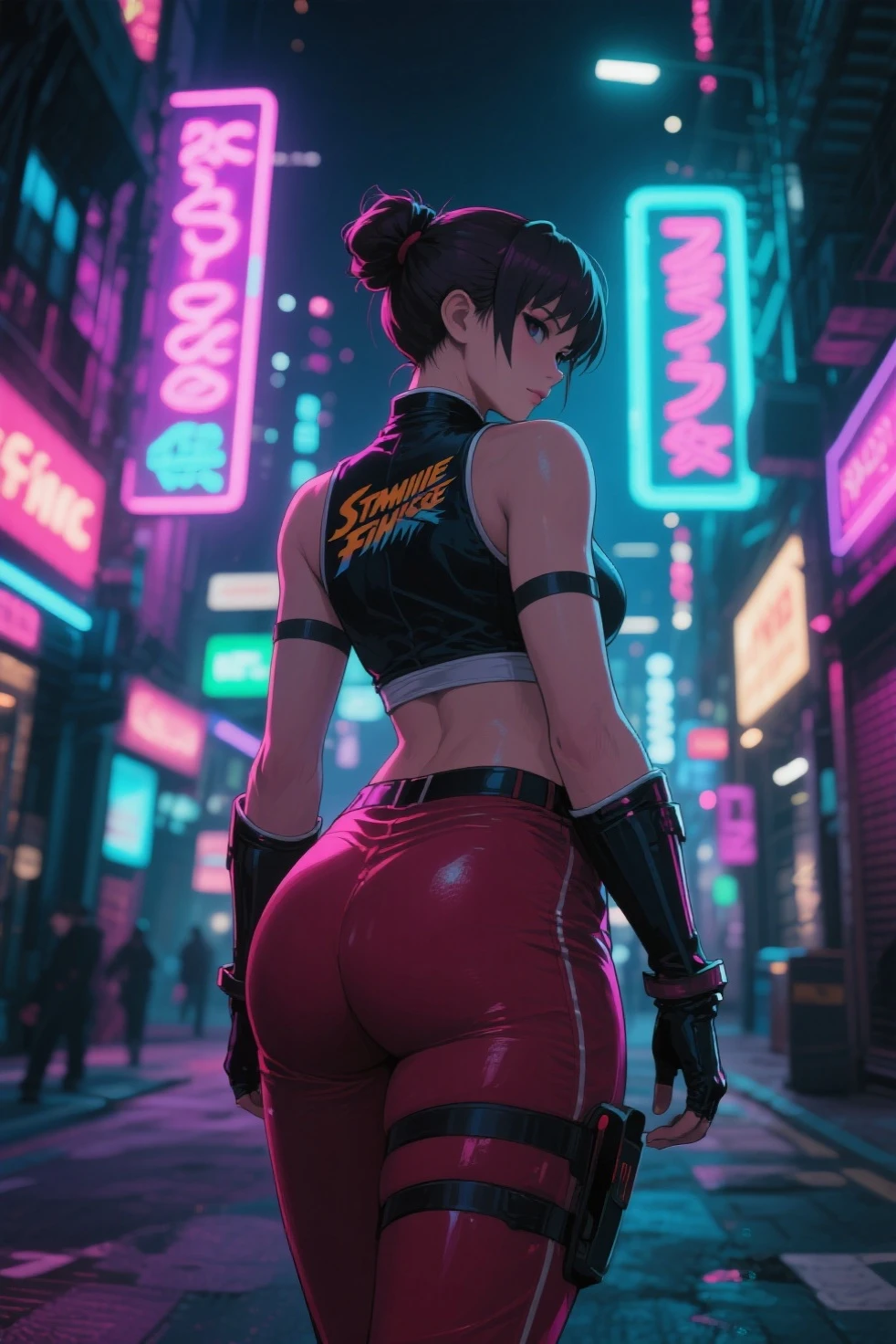((1 girl:1.3, solo))、absurdres, ultra-detailliert, digitial illustration, Meticulously drawn hair, Meticulously drawn eye, Glossy realistic skin texture、Smooth texture、shiny skin、Sexy body, ((cyberpunk))、((jojo posing:1.4))、((arched back))、glaring look、((Being in midnight city:1.2))、((back view:1.5))、((sleeveless:1.2))、((ripped:1.2, hot pants:1.4, highleg:1.3))、((latex))、((crop top navel:1.2))、((wedgie:1.2))、((huge hip:1.3))、Sharp Focus, full body