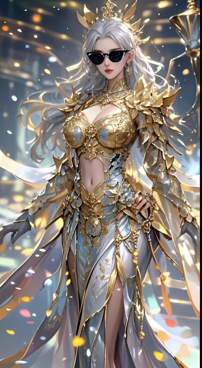Woman in a golden transparent dress,view the viewer,(((Huge breasts, Large cleavage))),Slim waist,(navel baring,Bare waist), Long hair, Ultra-detailed details,High-end Zhenyi station, Rainstorm site, detailed fantasy art, Stunning character art, Beautiful and exquisite character art, Beautiful gold and silver armor, Extremely detailed, Girl in shiny armor, Exquisite tiaras and jewelry,Crystal jewelry filigree, milky ways, Stunning visuals, (dynamic streaks, light tracks:1.2), Vibrant colors,