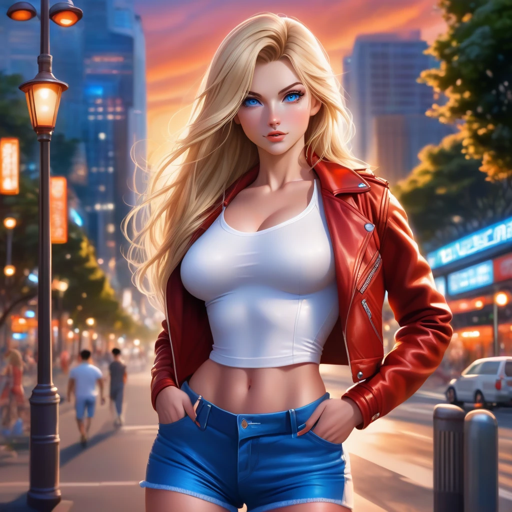 (at night), in a video game scene, a background of a beautiful city at night, raining, alone, standing at attention, red top, blue joggers, large brown belt hanging around her waist ((blond hair) ), 1 girl, 20 years old, young woman, perfect hands, beautiful fingers, beautiful long legs, beautiful body, beautiful nose, beautiful character design, perfect face, looking at viewer with serious gesture (focusing on her face), closed mouth , Light_Smile, official art, extremely detailed CG unity 8k wallpaper, perfect lighting, bright and colorful front lighting, glowing skin (masterpiece: 1.0), (best_quality: 1.0), ultra high resolution, 4K, ultra detailed photography, 8K , HDR, high resolution, absurdities:1.2, Kodak portra 400, film grain, blurred background, bokeh:1.2, lens flare, (vibrant_color:1.2), professional photography, (Beautiful, breasts: 1.4), (beautiful_face: 1.5 ), (narrow waist),
