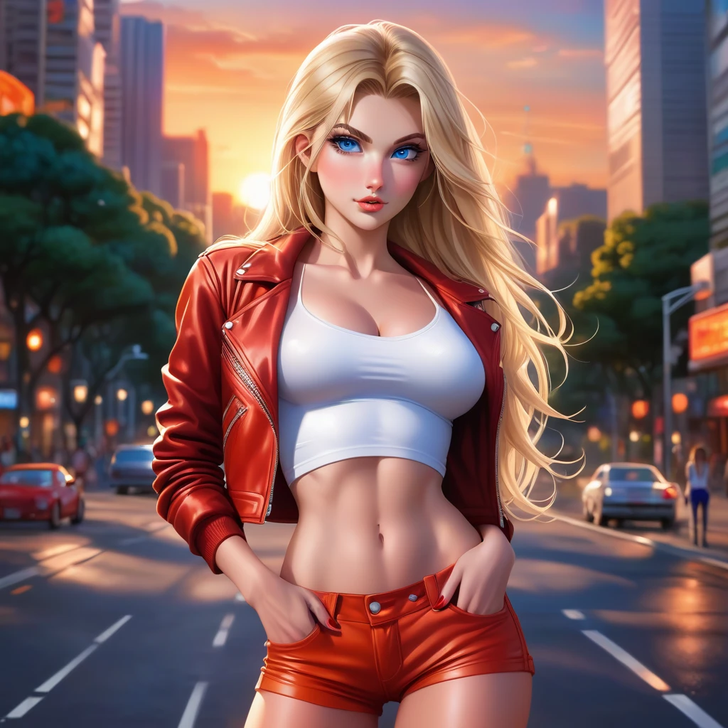 analog style, woman, (thepit bimbo:1.0)), blue eyes, white crop top with text, hoop earrings, detailed, skin texture, back-length hair, blonde hair, beestung lips, full body perspective, platform heels, collar, red jacket, centered, tan skin, looking at viewer, kneesocks, 8k, highly detailed, glossy, [Nina Dobrev|Emma Stone], symmetric, realistic, photo-realistic, cleavage focus, pout, jeans shorts, black bracelet