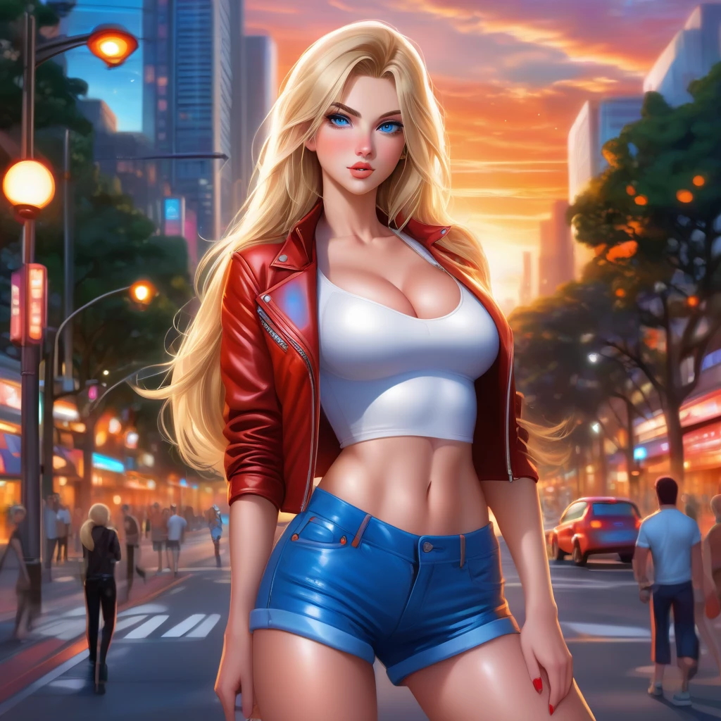 tall woman(blue eyes; long wavy blonde hair; big breasts; pale skin tone; glowing LED heart tattoos; soft-features; feminine figure), Disney-style cgi, walking through the park with a sultry smile; sunny day in the park; futuristic; dystopian; cyberpunk; best quality; trending on artstation; complex volumetric lighting; wearing jean-shorts.