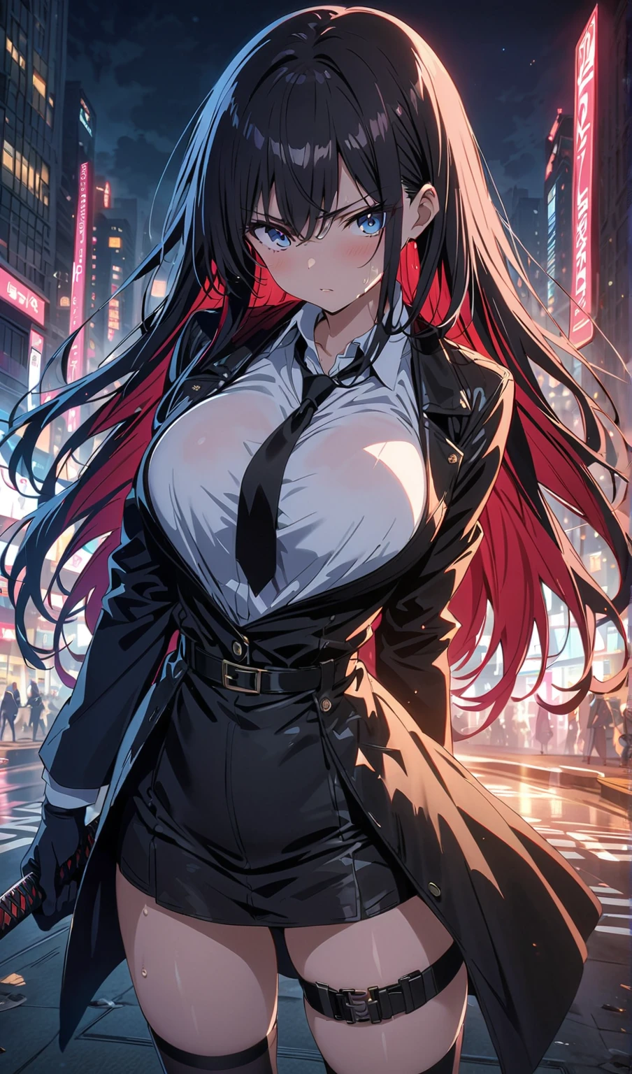 1girl, shirase sakuya, high ponytail, long hair, blush, lipstick, Hot girl, baddie, staring, glaring, bad attitude, mean girl, dare, angry, hate, crazy, smoking, sensual, attractive, outdoors, rooftop, cityscape, building, railing, night, night sky, scenery, moon, city lights, masterpiece, best quality, highly detailed, a girls with a gun, open mouth, blazer, sexy gaze, (nsfw) not
safe for work, badass pose , evil smile, smile, black bra, anime girl with long hair, long haired girl,
navel, evil expression, exposed belly, exposed navel, exposed midriff, exposed lower belly, micro
miniskirt, micro pencil skirt, pencil skirt ,holding a gun, holding pistol, navel piercing