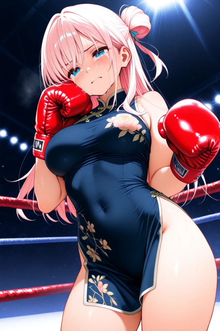 high quality,Mature beauty,White straight hair,Red Eyes,shy,blush,Wearing a jumpsuit,Black stockings,High heel,Wearing boxing gloves,Cleavage,Large Breasts,Camel toe,Long legs,Thin waist,Vest line,Absolute Domain,Sitting in the boxing ring with legs spread