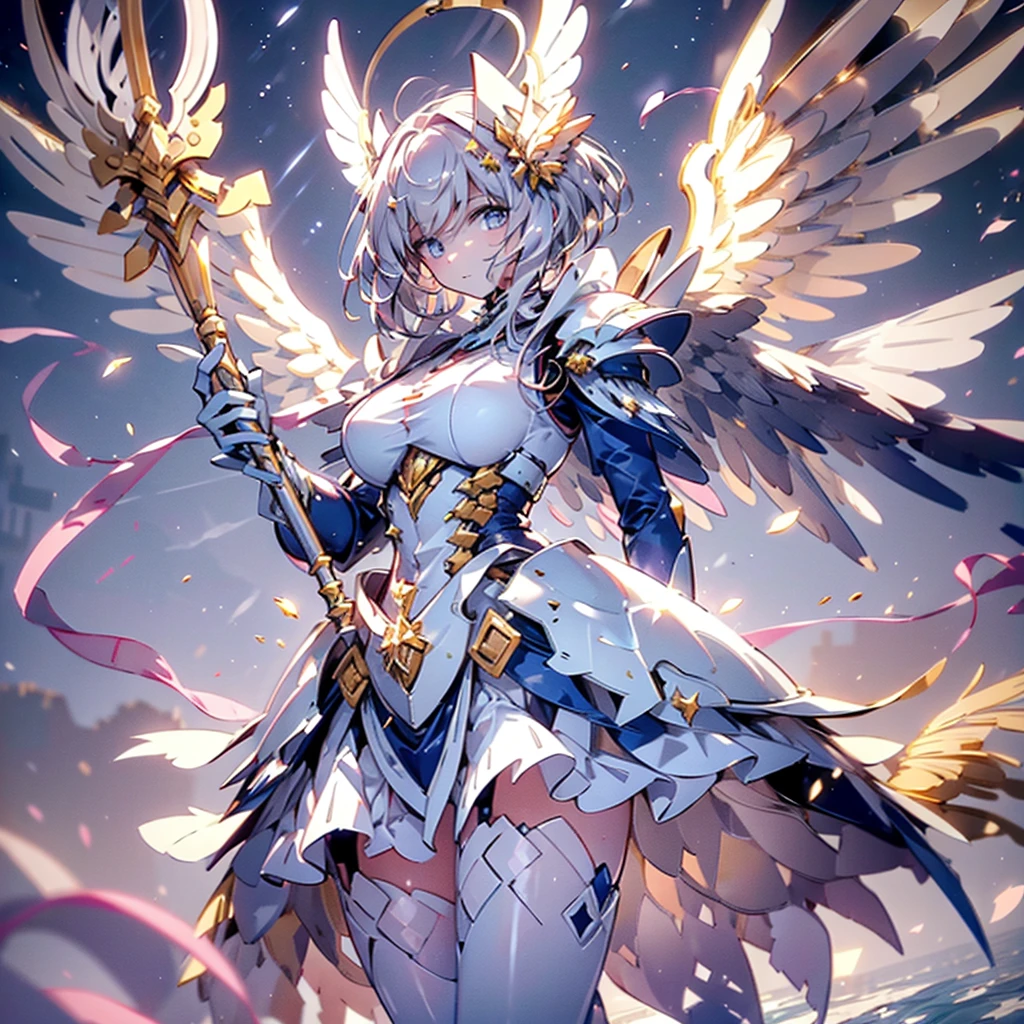 (best quality, masterpiece, colorful, dynamic angle, from below, highest detailed)upper body photo, full body photo, fashion photography of cute mechangel, glowing 4 wings, solo, glowing armor, glowing halo, building, glowing mechanical 4 wings (intricate details, hyperdetailed:1.15), detailed, light passing through hair, (official art, extreme detailed, highest detailed), HDR+