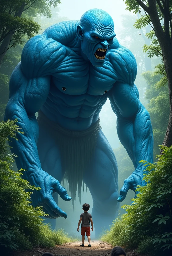 A young man lies on a hill in the forest and looks up. 
Above him stood a terrible jinn, the jinn had a stick in his hand. 
Jinn's skin color is blue. 
He had big eyes, body touching the sky. 
The jinn looked at the young man and spoke.