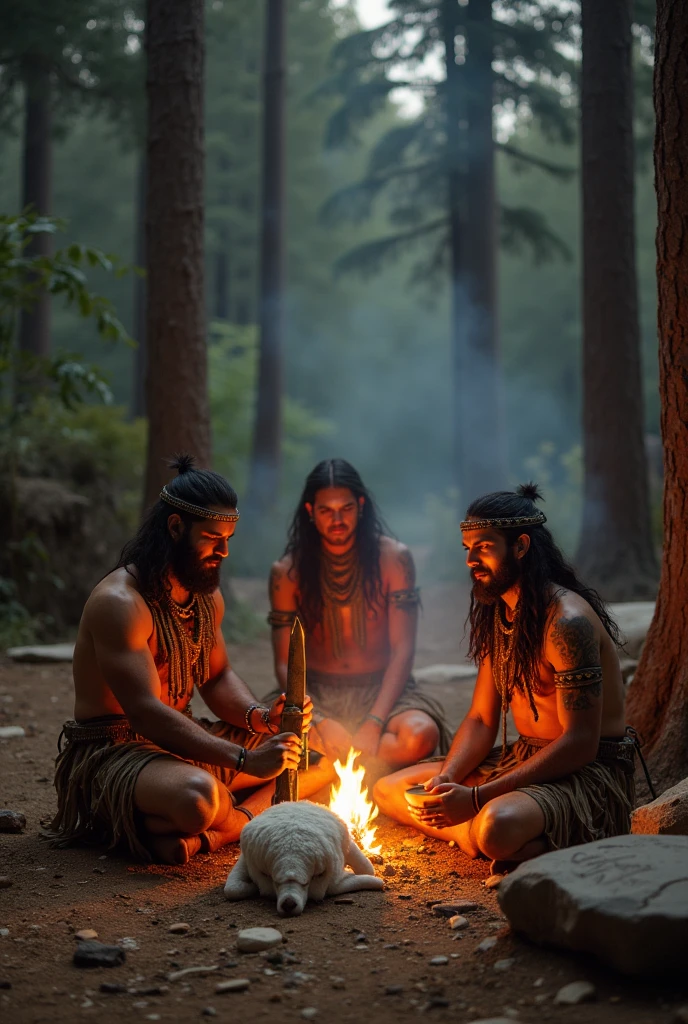 Images with a group of indigenous men somewhat detached blowing tobacco medicine , Grated, everyone dressed and around the fire with ultra-realistic vibrant colors in a closed place with glass sides overlooking the forest, a wider image without focusing too much on the face