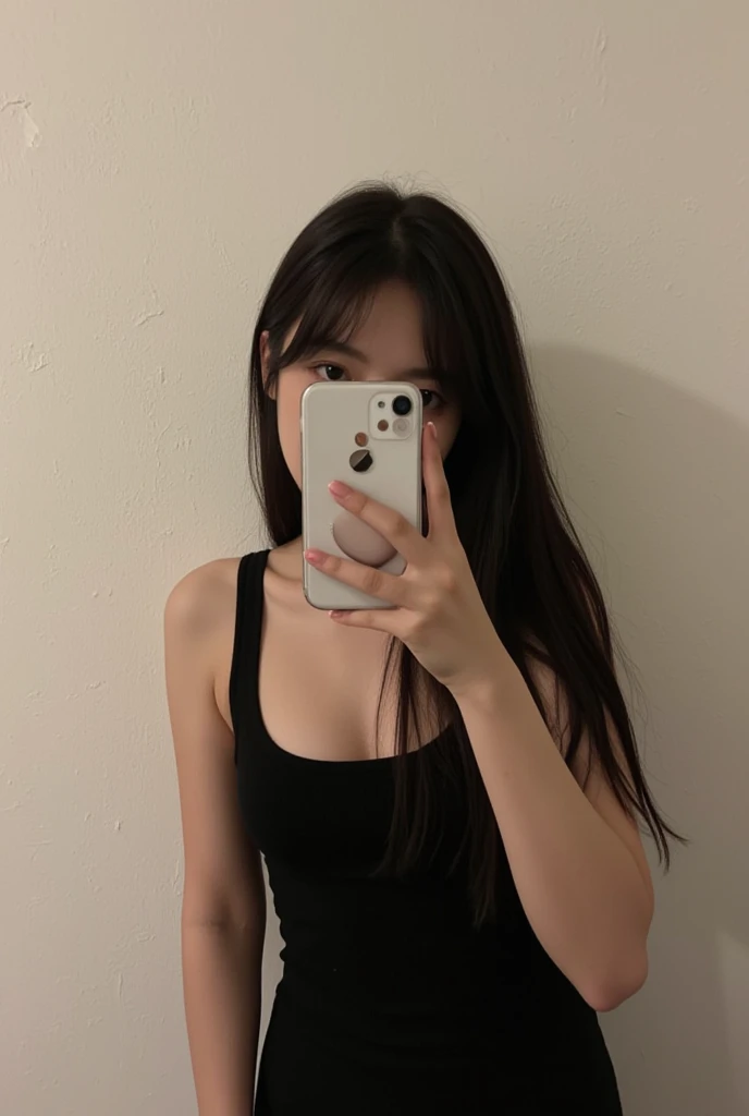 An attractive woman leaning against a wall in a dimly lit alleyway, with her eyes closed and mouth slightly open, expressing pleasure and sensual enjoyment. She is wearing a white tank top that exposes her bare shoulders, and her eyebrows are slanted suggestively.