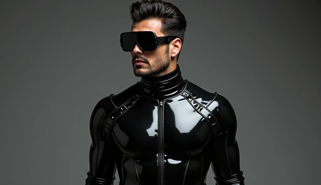 Handsome Latin Man Glamor Modern Fashion FUTURISTIC Fashion Black Clothing in Athletic LATEX pop Star Chestpiece ARMOR medieval warrior heroes ACRYLIC LATEX. FABRICA GOTCA tight pants highlighting the muscles. Goth futuristic haute couture. Visor oculos motoqueiro escudo preta sobre o rosto e olhos. Corpo inteiro vestido com latex preto