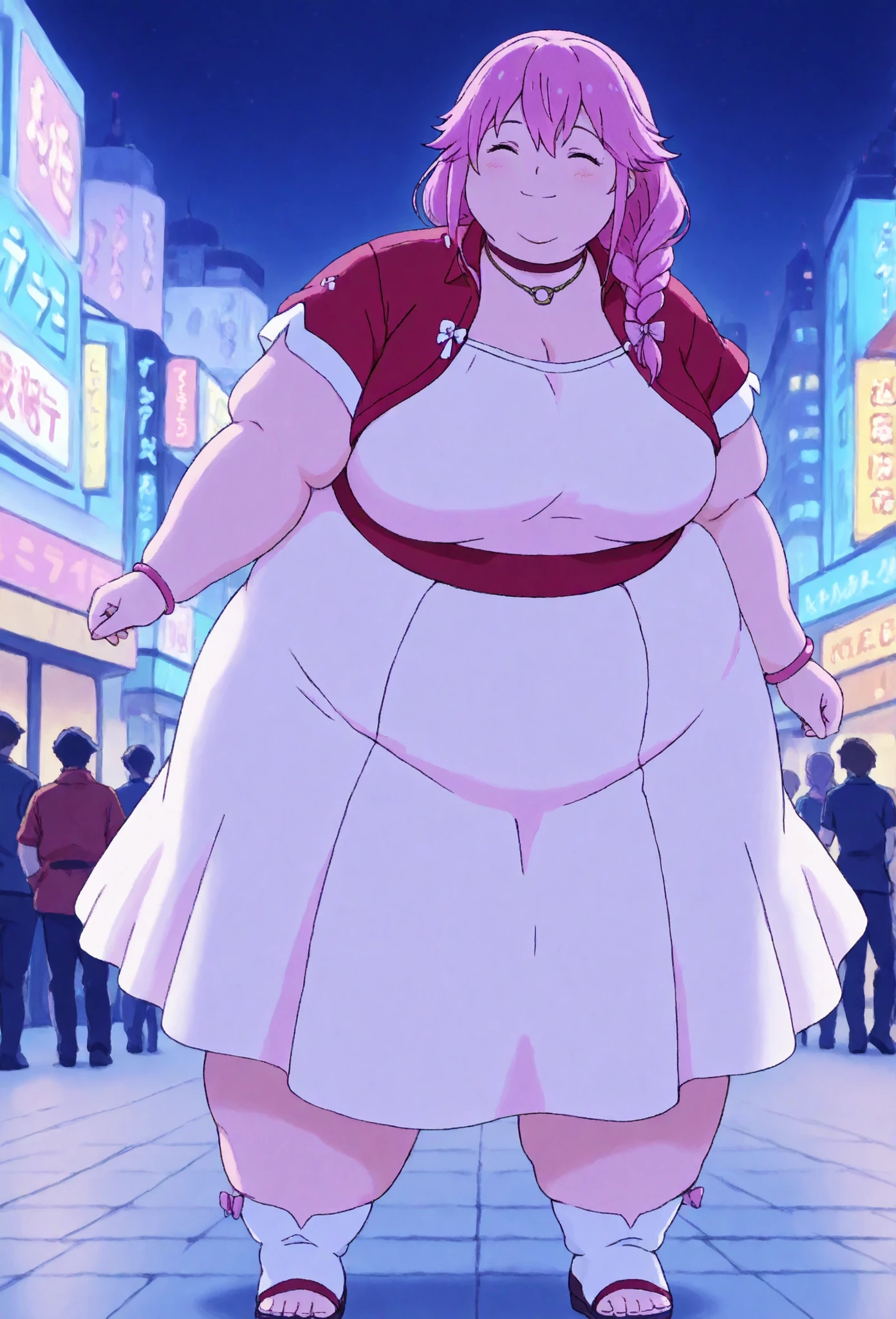 masterpiece, best quality, 1girl, anime style, pastel colors miko, braided ponytail, pink hair bow, choker, necklace, cropped jacket, red jacket, short sleeves, pink dress, closed eyes, smile, holding yellow flower, city street, night, full body