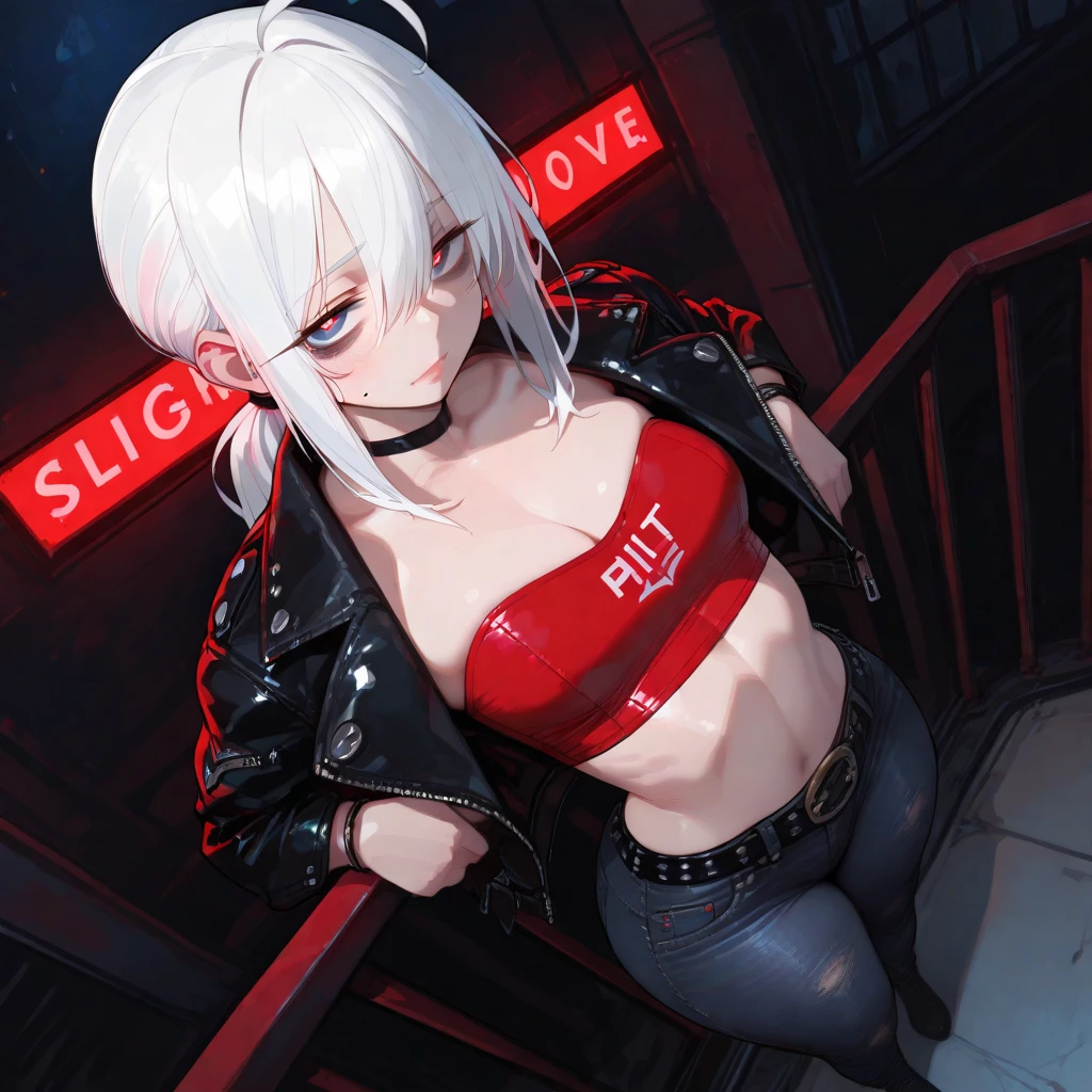 (masterpiece, realistic, best quality, volumetric lighting, city, neon lights, alleyway, night), (1girl, cat girl, cat ears), (blush, happy, open mouth, ahegao, steam), (small breasts, perfect breasts, thicc thighs, perfect body, perfect face), (red eyeliner, long eyelashes, white hair, short hair, long side bangs), (((bare shoulders, red jacket, black sports bra, black pleated skirt, black thighhighs, bra lift, nipples))), (((standing, bending over, 1boy, sex, implied sex, (doggystyle:1.1), front view, nsfw)))