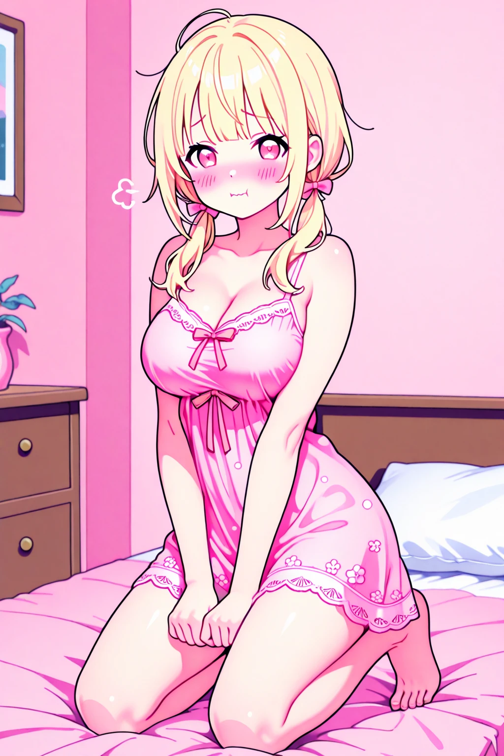 masterpiece, (Off-the-shoulder clothing:1.5)、 super fine illustration, best quality, light particles, ultra-detailed, 8K wallpaper, (bright colors:1.2), solo, ((a little girl)), big breasts, (blonde hair), disheveled hair, short hair, twintail, two side up hair, scrunchie, curly hair, shiny hair, shiny skin, (wearing pale pink and white horizontal striped dress, short sleeve), (frilled miniskirt), (white legwear), ((horizontal striped panty)), (beautiful green eyes, shiny eyes, big eyes), affectionate smile, seductive smile, closed mouth, blush cheeks, (naughty room), (pink bed), (pink pillows), (pink curtain), looking back, get down all fours, nsfw, sunlight, shadow,