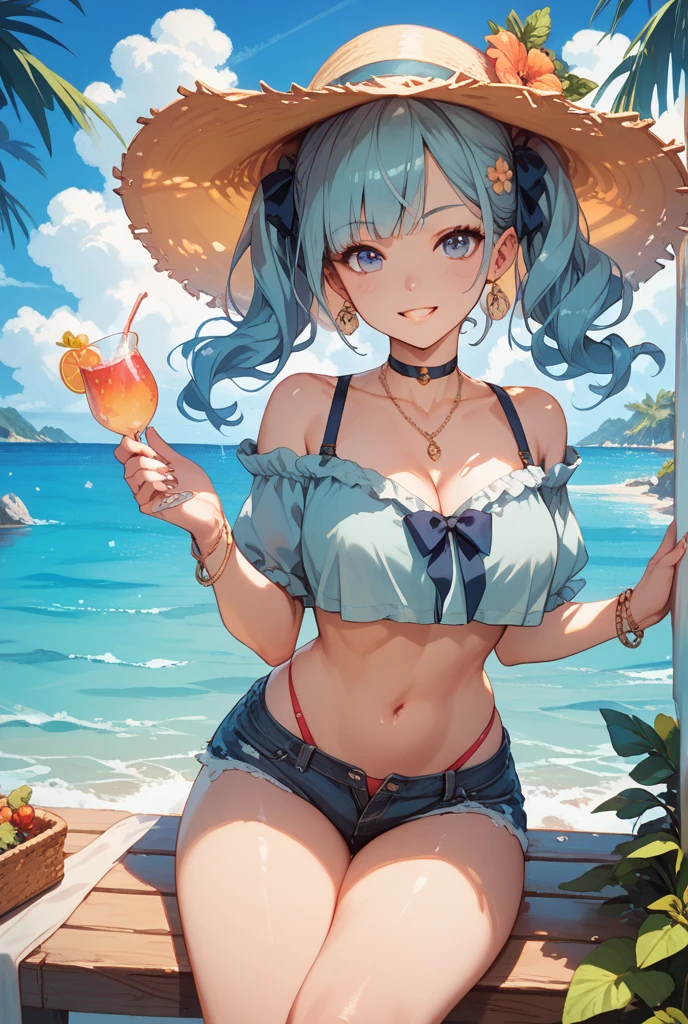 Generate an image of nimu the famous vtuber on the beach in a bikini

