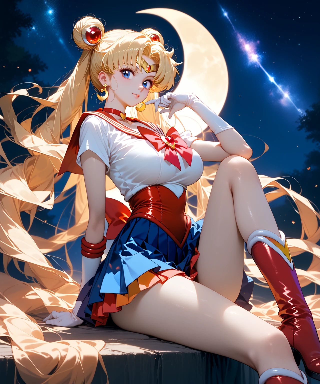Sailor moon crystal, (masterpiece), blonde hair, blue eyes, expressive eyes, beautiful woman, long hair, round breasts, blue skirt, moon tiara, white panties, round buttocks, blue boots