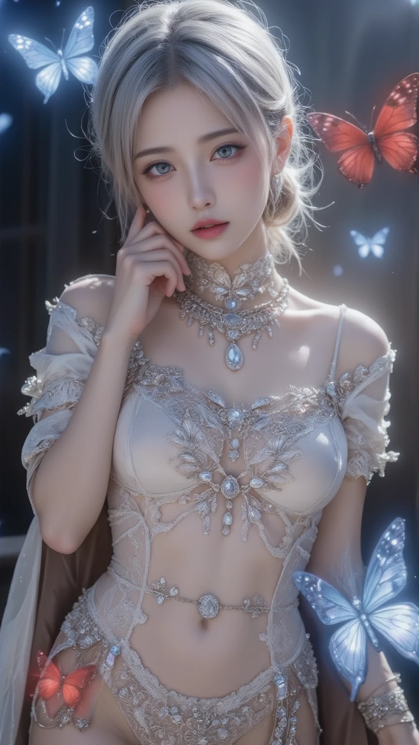 best quality, tmasterpiece,Ultra-high resolution,Clear face,（Reality：1.4），ferpect lighting，(upper body shot), (photorealistic:1.50), anime wallpaper, Guviz style artwork, cover-up fantasy up to magic , by Yang J, Guviz, beautiful artwork illustration, beautiful digital artwork, beautiful digital illustration, Li Song, beautiful anime portrait, art style in Beauvot, Lips wear thick red lipstick,