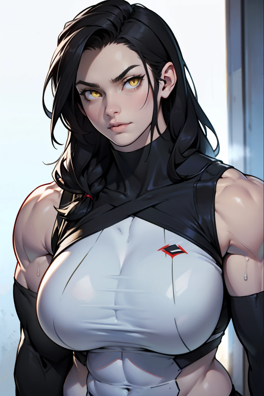 expressionless sad frown (((muscular girl toned body large breasts thick perfect anatomy))) yellow eyes black hair pale best quality