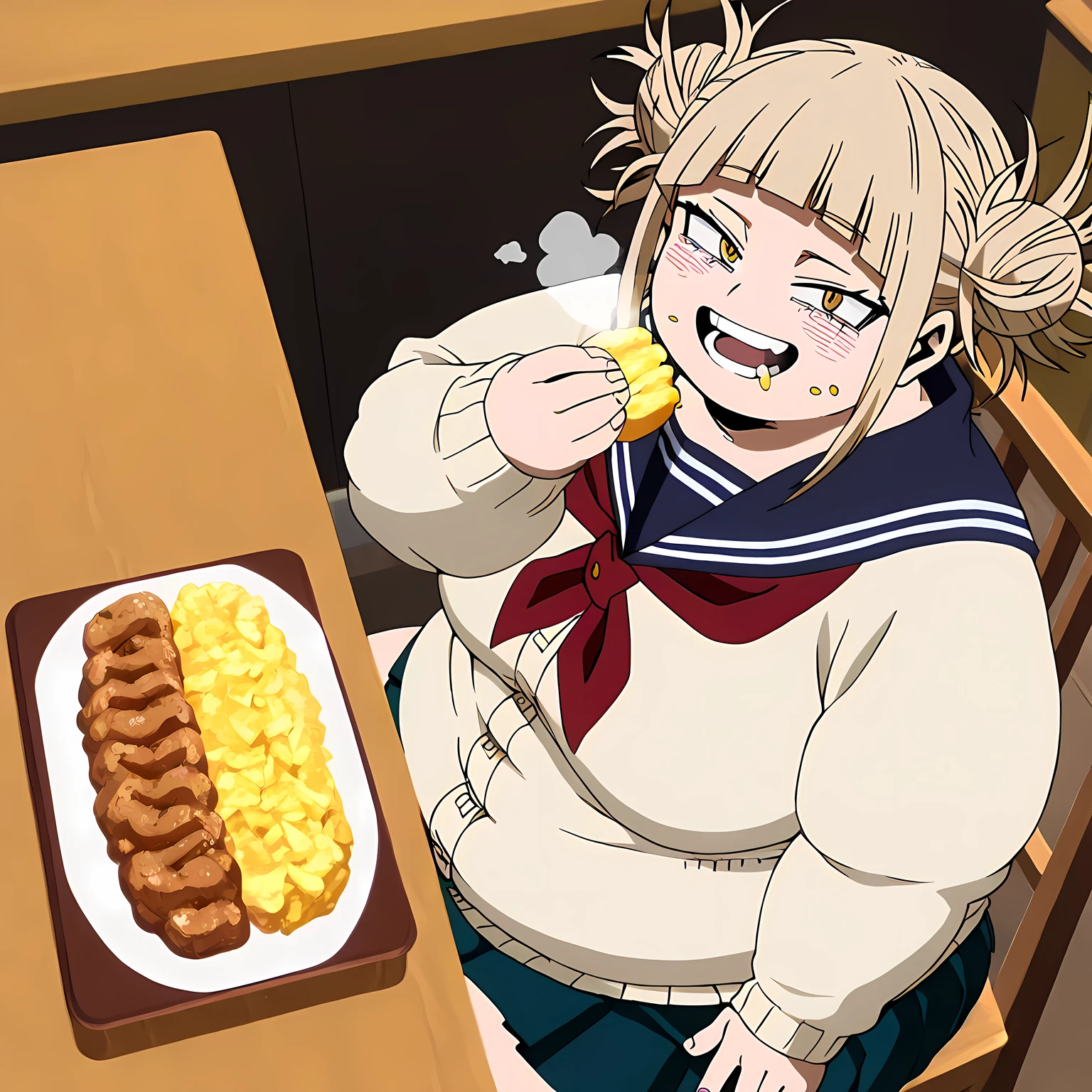 , toga himiko, my hero academia
High quality , best quality , masterpiece, High Resolution , detailed face( LoRA: toga),anatomically correct, detailed hairstyle( LoRA: toga),anime Coloring
solo, 1 girl
bangs, blonde hair, yellow eyes, blunt bangs, hair bun, double bun, messy hair, medium breasts
Miniskirt, long sleeves, school uniform, pleated miniskirt, serafuku, socks, sailor collar, blue miniskirt, neckerchief, cardigan,yellow cardigan,,
looking at viewer, sitting
restaurant, happy, embarrassed, blush, eating food, in front of tones of food, table, chair, pov belly, from above,
smile,open mouth fat, chubby, obese, gigantic arms and legs, large breasts open mouth, out of breath