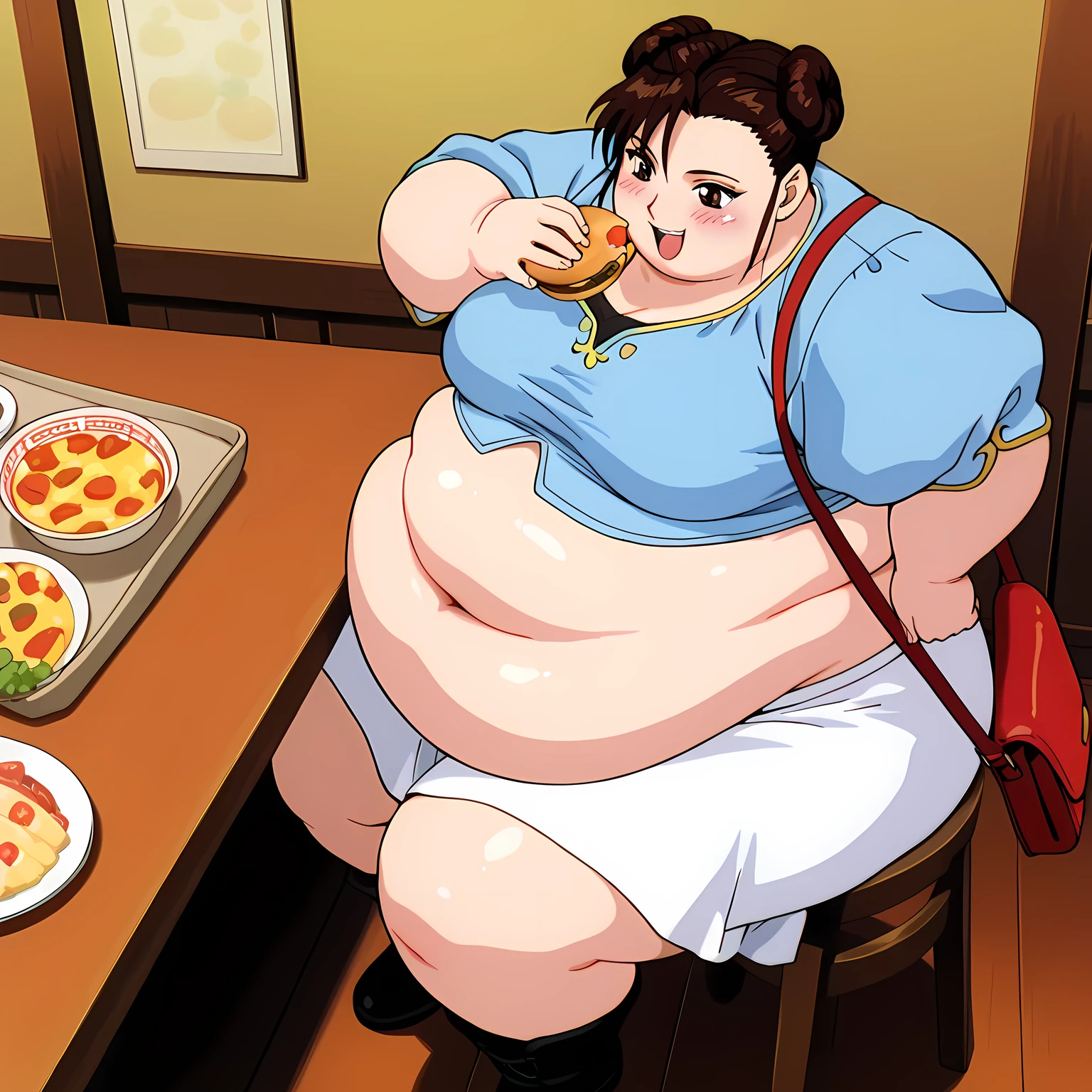Masterpiece, better quality, newer, extremely high resolution, highres, detailed eyes, beautiful, detailed background, Perfect Eyes, anime coloring, anime screencap, 1990's \( style\), a chic(big fat body), (obese figure:1.5),, Alone , mature female, Chun-Li, brown hair, hits, short hair, collect, brown eyes, medium breasts, black, short manga,  midriff, buttoned white skirt, braces, medias blacks hasta la rodilla, booties,  shoulder bag , (clothes that fit your big, fat body size), Looking at the spectator, smile, blush,  gunman, indoor, restaurant, eating food, in front of tones of food, table, stool, happy, open mouth, sitting, pov belly, from above,