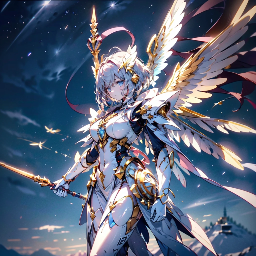 ((4k, masterpiece, best quality)), maxiskit, dressed conservative 1 girl, solo, full body, wide shooting, standing, holding a sword, white hair, long hair, elf ears, Valkyrie, armor, angel, white bra, side bangs, from the front, oversized body, night, mountain, look at the audience, an antique girl behind is a white dragon