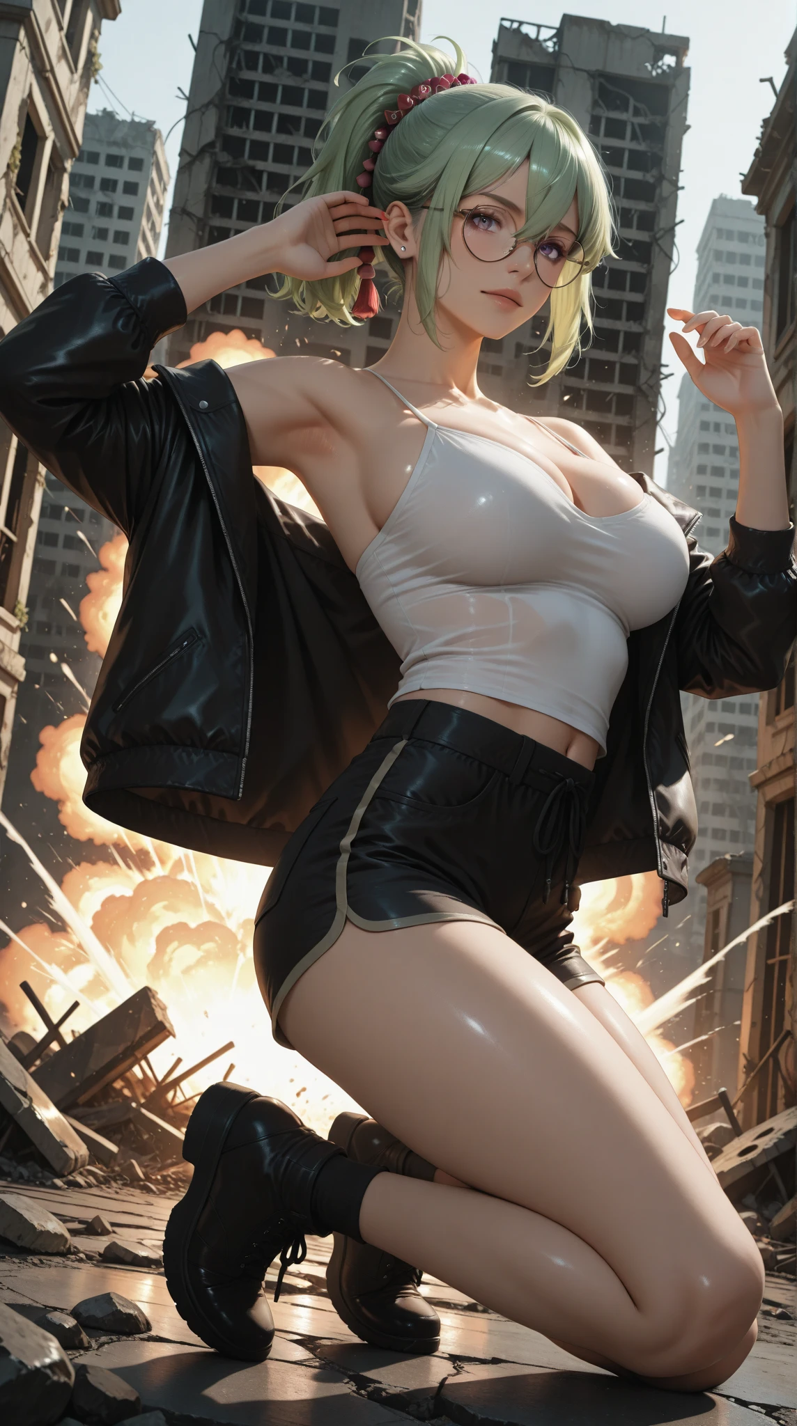(masterpiece, best quality), (from below), 1 girl, perfect body, big breasts, woman, Ganguro, SPANDEX top, jacket, (SILK tight mini skirt), SPANDEX panties, blonde straight long bob cut ponytails, Posture crouching, city streets, Harajuku, late night