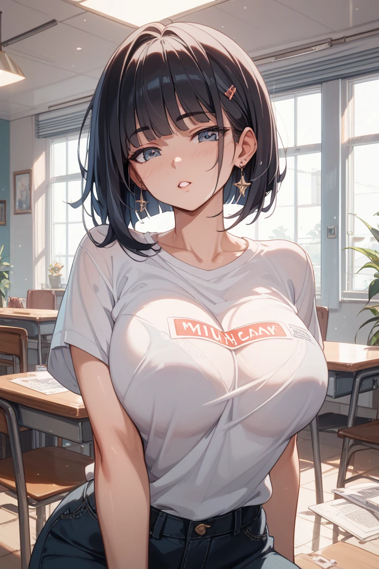 1girl, lunch \(bad\) \(dragon ball\), dragon ball, (throw_hand, pink vibrator remote switch in throw_hand, throw:1.2), Highest quality, Super detailed, masterpiece, Ultra-high resolution, 8K, Ridiculous, Cowboy Shooting, Blurred, One girl, Focus on the girl, Embarrassing, blush, Lovely, Close one eye, With tears in her eyes and her mouth open, What saliva leaves behind, Wet skirt hem, (Sticky panties:1.1), Bulging of the vibrator cord, Vibrator with Garters, (cleavage), Classroom Background, The skirt is accidentally exposed,(large breasts), (crop top navel), (waist line), Accidentally exposed panties