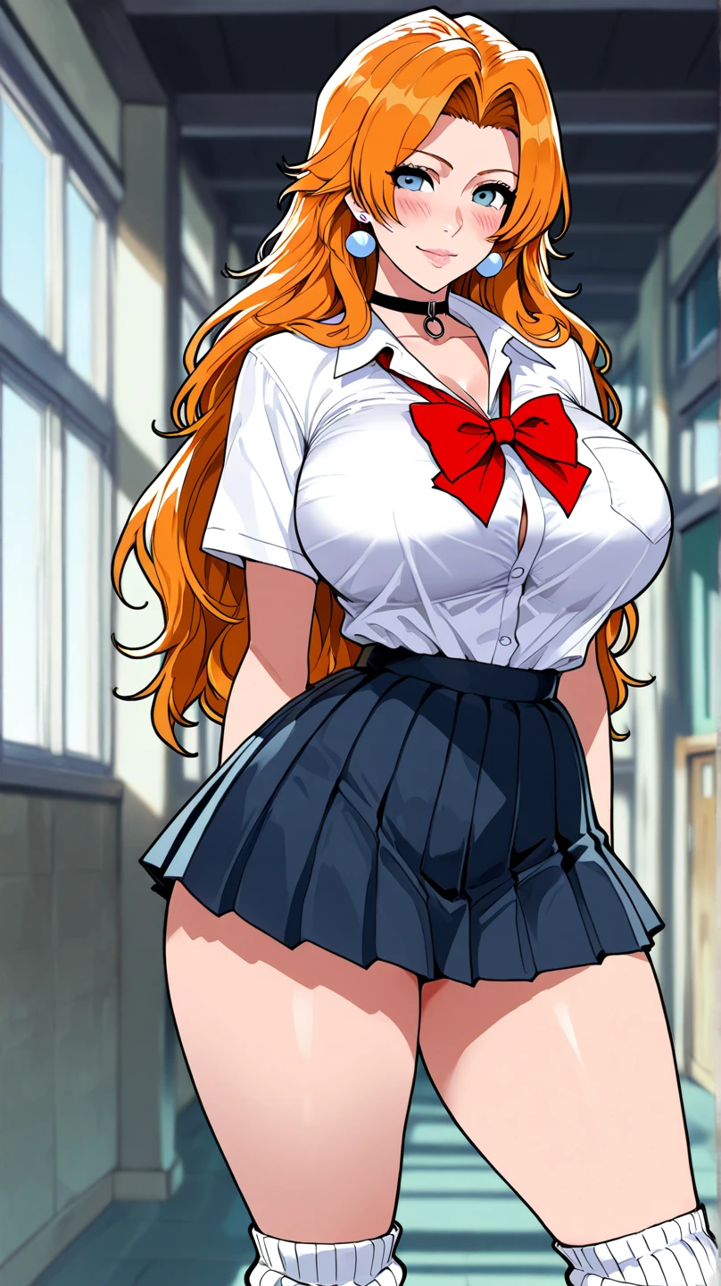 masterpiece, highly best quality, a woman, (schoolgirl uniform), (seductive face), indoor shot, red hair, shiny oily tan skin, huge long breasts, curvy, bbw, chubby tummy, thick, nsfw,