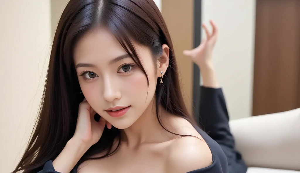 (Best Quality, masutepiece: 1.2), 18 year old girl, Morning light, Realistic face, Perfect body, Good anatomy, Perfect face, Curly Long Hair, Black hair, Photorealism, Super Detail, High quality, Photo Pose, Sexy (Best Quality, 8K, 32K, masutepiece, nffsw: 1.2), Cute Japan Female Pictures, Upper body, Oversized_Sweaters, Necklace, Background, From above, Watch the viewer,heavy make up