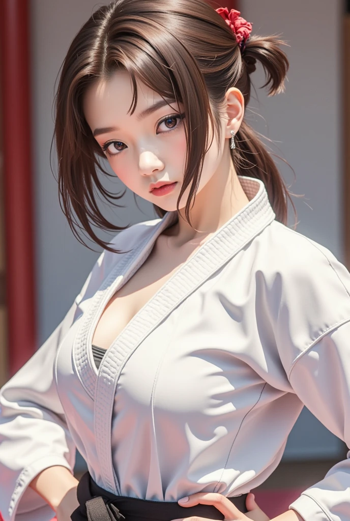 surrealism, Verism, nffsw, Anatomically correct, Textured skin, high details, awardwinning, hight resolution, 8K, 1girl in, (FULL BODYSHOT), Strong Karate Female Athletes、Wearing a karate uniform、Beautiful fece、beautiful countenance、A detailed face、perfectly proportions、Trained muscular body、爆乳、big breasts thin waist、Battle Pose、karate pose、Dynamic pose bewitching、amorous、The background is a karate dojo、blur backgroun、